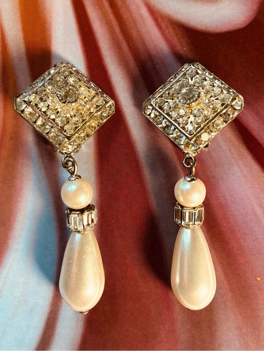 Vintage Rhinestone Faux Pearl Clip-On Earrings